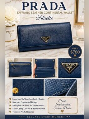 Prada Saffiano Leather Continental Wallet in Bluette - MSRP $760